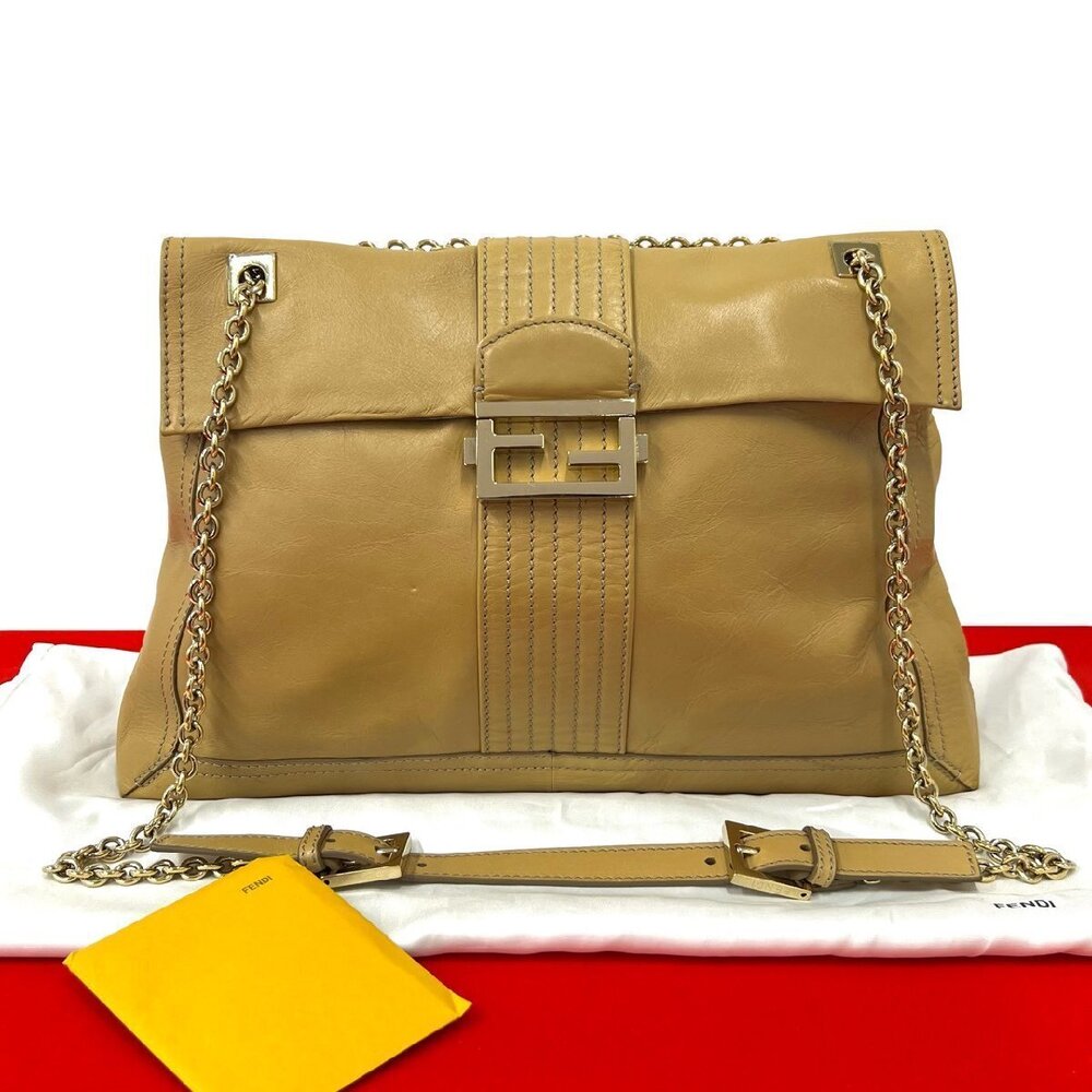 Fendi FF motif leather chain shoulder tote beige